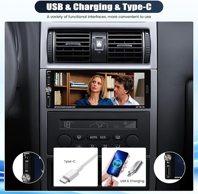 Single Din Touchscreen Car Stereo with Wireless Carplay&Android Auto,6.9 Inch Car Radio MP5 Player with Bluetooth FM Radio EQ Car Audio with USB/Type-C SWC+Backup Camera+Microphone