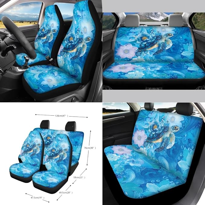 Turtle Floral Wave Print Universal Fit Car Seat Cover Set Steering Wheel Covers Seatbelt Strap Cover Garbage Cans Air Vent Storage Holder Rearview Mirror Covers Coasters Keychain 15 PCS
