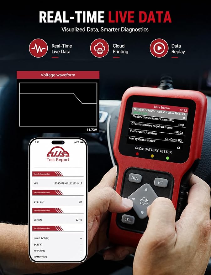 TesGo 2 in 1 OBD2 Scanner and Battery Tester, Car Diagnostic Tool for Check Engine Light, Carbon Buildup Test, I/M Readiness, DTC Lookup, Vehicle Info, Cranking Test, Vehicles 1996+
