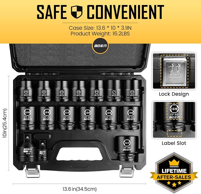 boen 3/4" Drive SAE Standard Socket Set, 11/16" - 1-1/2" Large Impact Sockets, 6-Point CR-MO Steel, Rugged Construction,16PCS with a Storage Case, for Large Vehicle and Machinery Maintenance