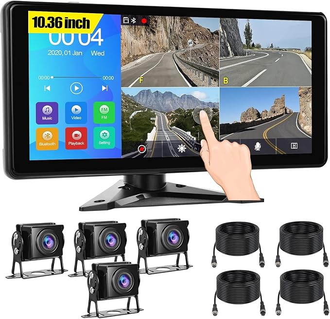 10.36" 4K RV Backup Camera System DVR Recording Quad Split Touch Screen Monitor, 4X 1080P Full Color Night Vision IP67 Waterproof, Parking Mode, Bluetooth, FM, 9-36V for RV Truck Trailer Tractor