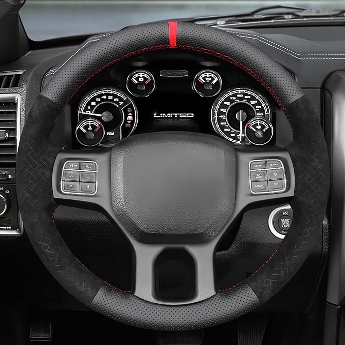 MEWANT Hand Stitch Black Real Leather Embossed Athsuede Steering Wheel Cover for Dodge RAM 1500 2012-2018 1500 Classic