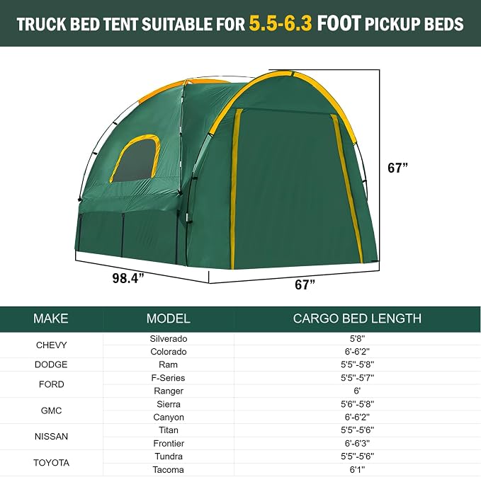 Pickup Truck Tent with Awning Shade,Waterproof PU5000mm Oxford for 5.5-6.3 FT Truck Bed for Camping Travel Outdoor Activities for Chevy Silverado 1500,Ram 1500/Dakota,F150,GMC 1500,Titan,Tundra(Green)