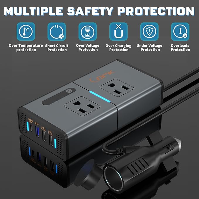 200W 7-in-1 Car Power Inverter DC 12V to 110V AC with PD 27W USB-C & QC 3.0, Dual AC Outlet Car Plug Adapter for Vehicles, LED Voltage Display, Quiet Cooling Fan for Laptop CPAP Road Trip Camping