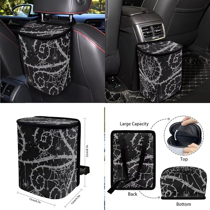 Butterfly Spider Web Pattern 10 Pcs Car Seat Covers Full Sets Breathable Car Seat Protector + Steering Wheel Cover + Air Vent Storage Bag + Trash Can + Coaster + Wristlet Keychain