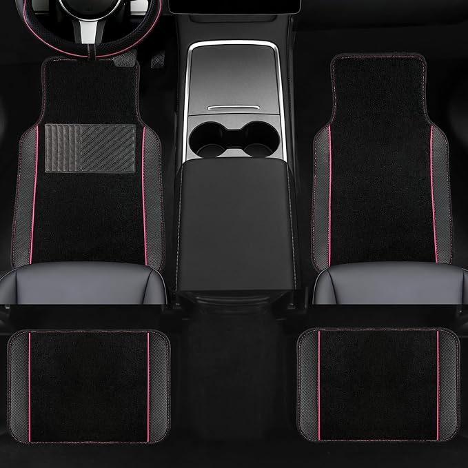 NBTEPEM 10 Pcs Car Floor Mats Full Set Car Accessories, Microfiber Leather Steering Wheel Covers 14.5-15 inch, Center Console Cover, Seat Belt Pads, Cup Coasters, Universal Interior Decor(Pink)