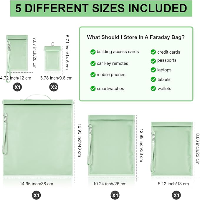 Shinylin 6 Pack Faraday Bags for Laptop Phone Car Key Tablet, EMP Proof Faraday Bags Waterproof Faraday Cage Device Signal Proof Faraday Blocker Pouch for Anti Theft Anti Tracking (Green)