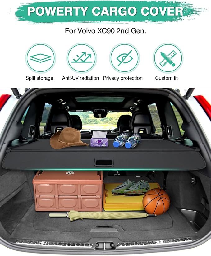 Powerty Cargo Cover for 2016-2024 2025 Volvo XC90 Accessories Trunk Cover Retractable Trunk Shielding Shade Cargo Luggage Cover Black