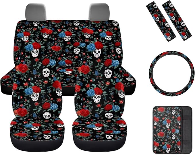 Skull Rose Design Car Seat Cover Full Set with Car Steering Wheel Cover, Auto Armrest Pad Protector, Auto Seat Belt Pads, Automotive Interior Accessories Set of 8, Helloween Decorations