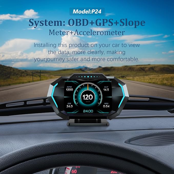 AZIJYV Obd2 Gauge Display with Speed, Heads Up Display for Cars P24, Fuel Consumption, RPM, Overspeed Alarm, OBD+GPS Digital Speedometer Suitable for All Car