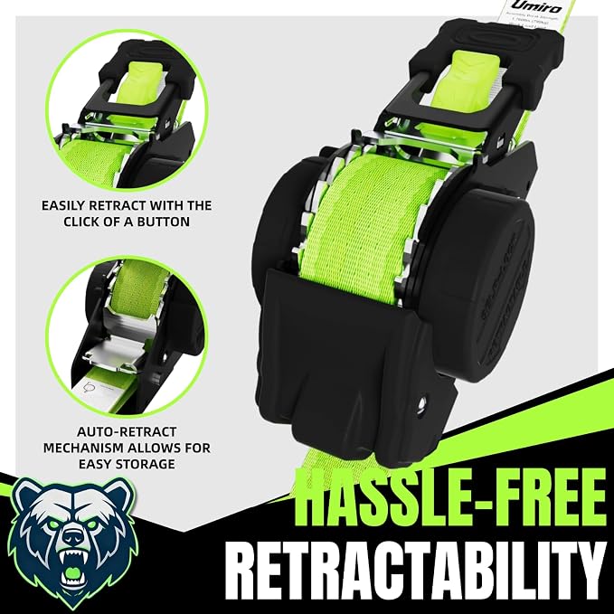 Retractable Ratchet Straps, 4-Pack, 1 Inch x 12 Feet Heavy Duty Tie Downs, 1760lb Break Strength, Self Retracting for Truck, Cargo, Trailer, Motorcycle, ATV, UTV (Green, 8pack)