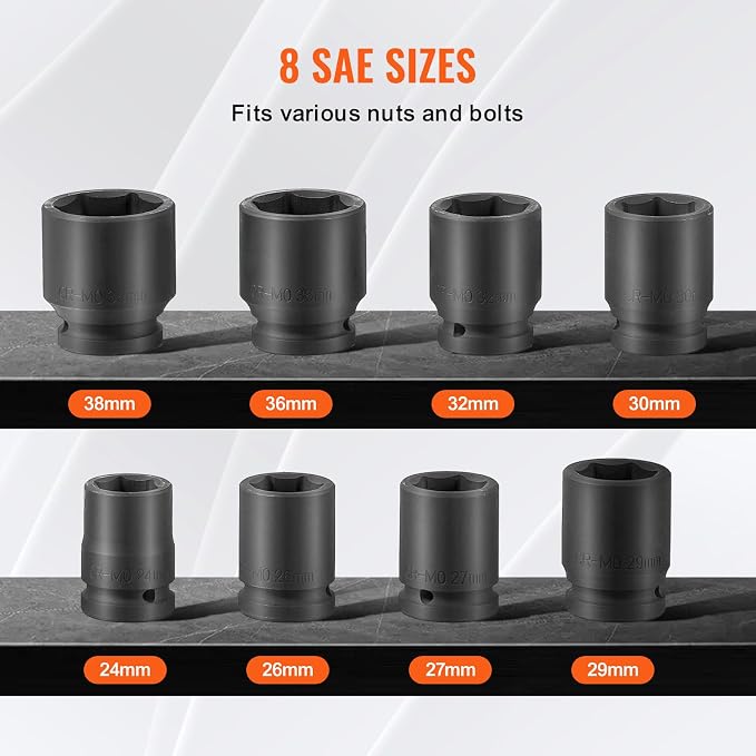 VEVOR Axle Nut Impact Socket Set - 3/4" Drive 6-Point 8-Piece Metric Spindle Nut Socket CR-MO Heat Treated Large Socket Set with Storage Case for Auto Repair, Removing or Installing Axle Nuts