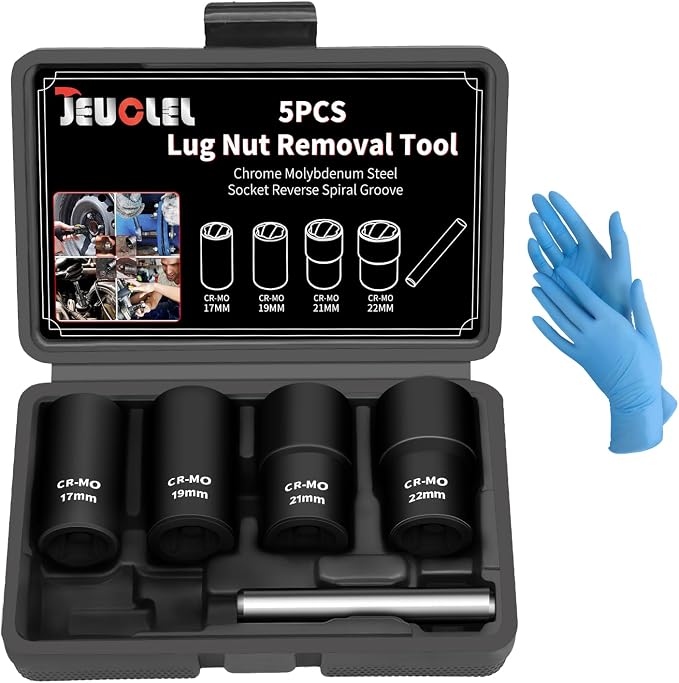 5PCS Twist Lug Nut Socket Set - 1/2 inch Drive Damaged Nut Lock Remover Extractor - Rusted & Strip & Stripped & Stuck Locking Nut Removal Tool Kit with 17mm 19mm 21mm 22mm Sockets