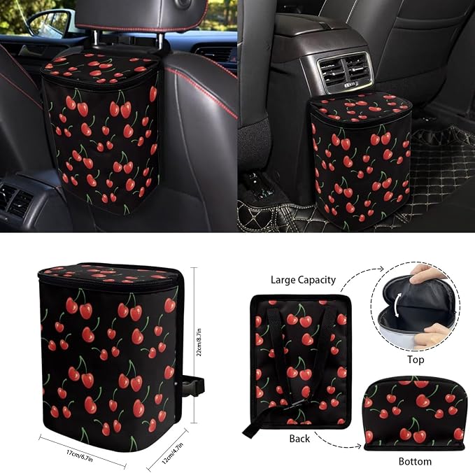 15 Pcs Cherry Car Seat Cover Full Set for Women with Car Steering Wheel Cover Seat Belt Cover Trash Bin Front Rear View Mirror Car Cup Holder Keychain