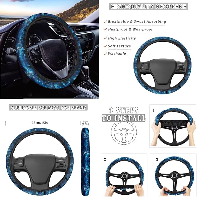 Suobstales Galaxy Turtle Flower Print Car Accessories with Car Front Rear Split Seat Covers, Seat Belt Pads + Steering Wheel Cover + Coaster + Keyrings for Women Set of 11-Pcs