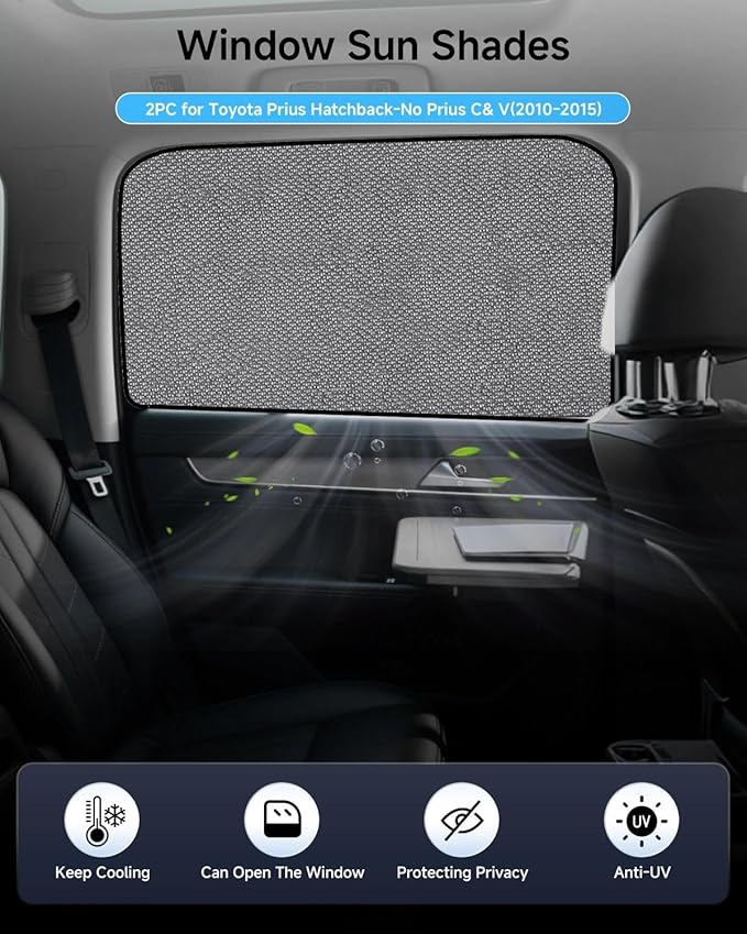 Car Window Shade for Prius Hatchback-No Prius C& V 2010-2015,2 Pack UV & Glare Protection, Breathable Privacy, Insect & Bug Blocker Magnetic Mesh Side Rear Sun Shades for Baby Camping, Napping Travel