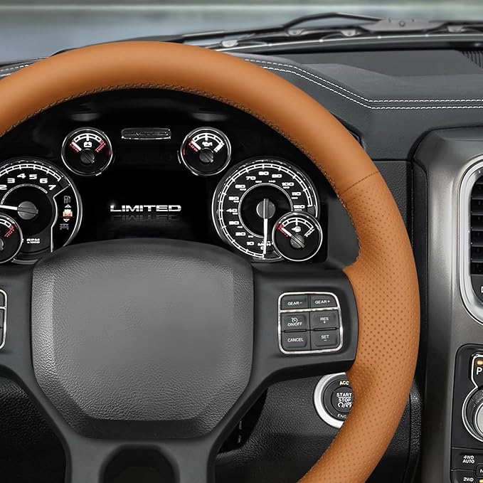 MEWANT Hand Sew Brown Artificial Leather Steering Wheel Cover for Dodge RAM 1500 2012-2018 1500 Classic 2500 3500 5500
