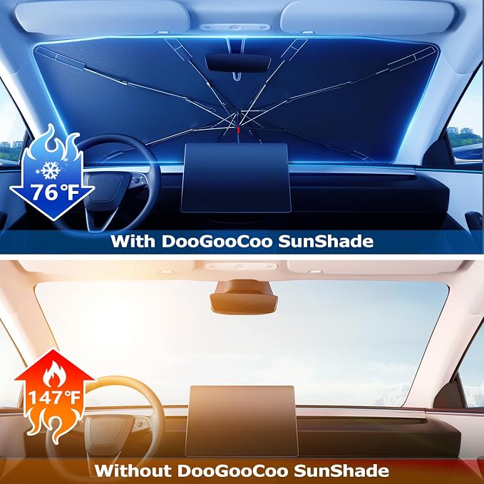 2026 Upgraded DooGooCoo Windshield Sun Shade Umbrella for Car, Reinforced Frame, UV Block Heat Shield, Keeps Interior Cooler, Foldable Front Windshield Cover, Large (61"x35")