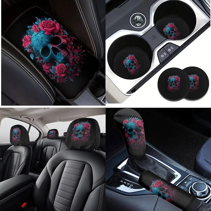 Lotusorchid Skull Print Automotive Seat Covers and Accessories, Rose Print Car Seats Covers Full Set with Steering Wheel Cover Car Armrest Box Pad Seat Belt Cover Auto Cup Coaster, Black