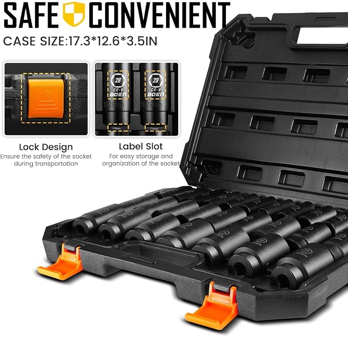 boen 10mm-36mm 1/2” Drive Metric Socket Set, Impact Deep Socket, 6-Point Axle Nut Socket with Portable Case, Rugged Construction, CR-V Steel, 27PCS