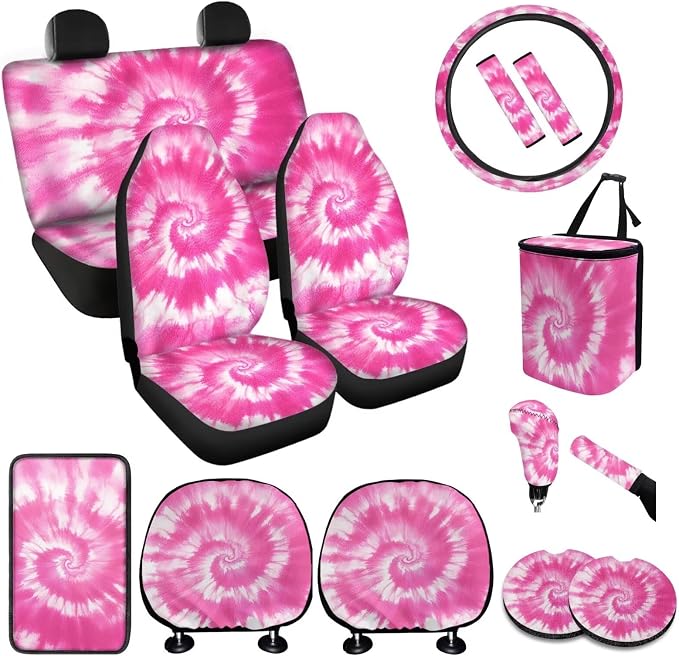 BIGCARJOB Pink Tie Dye Car Seat Cover Full Set 15 Pieces Tie Dye Car Interior Accessories Set with Universal Steering Wheel Cover Car Trash Can Hanging Seat Headrest Covers
