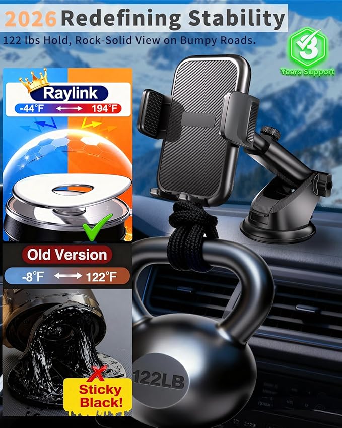 RayLink Phone Holders for Your Car 2026 Ultimate Phone Mount Military-Grade Windshield Dashboard Vent【Newest Best Strongest】 Cell Phone Car Mount for iPhone 17 Pro Max 16 Samsung Android