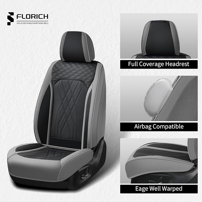 FLORICH Car Seat Covers Front Seat Waterproof Faux Leather Seat Covers for Cars Premium Breathable Car Seat Protector Interior Covers Non-Slip Universal Fit for Most Car Truck SUV, Gray&Black