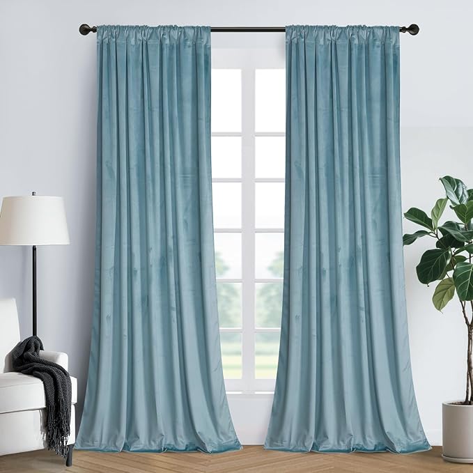 Roslynwood Luxury Soft Eggshell Blue Velvet Curtains 72 inches Long Back Tab Thermal Insulated Blackout Window Drapes for Living Room/Bedroom/Dining Room, W52 x L72, 2 Panels
