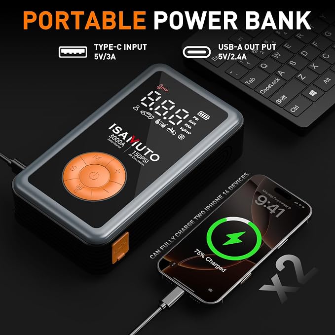 Jump Starter with Air Compressor, Portable Car Battery Jump Box with 150PSI Tire Inflator, 3000A Battery Booster for 8L Gas/6L Diesel Engines, 12000mAh Power Bank