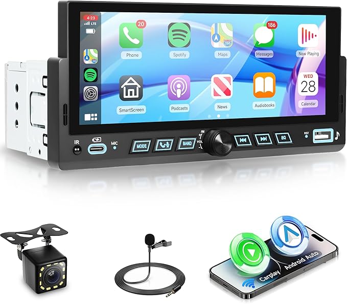 Single Din Car Stereo, 6.86" Touch Screen Car Radio with Wireless & Wired CarPlay Android Auto, Bluetooth FM USB EQ Mirror Link Steering Wheel Control + 12LED Backup Camera