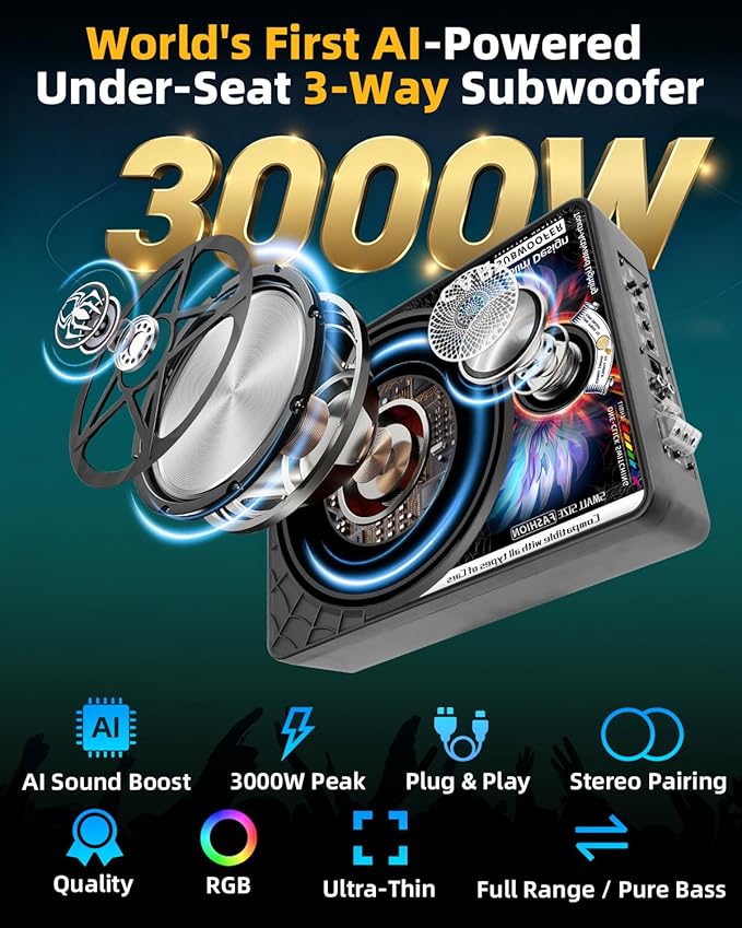 3000W AI 3-Way Under Seat Subwoofer with Amp, Slim Powered Car Subwoofer 20Hz–22kHz Full Range, Built-in Amplifier Plug and Play Sub and Amp Combo for Car Truck SUV