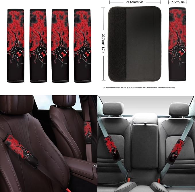 18Pcs Spider Web Car Seat Covers Full Set Universal Headrest Covers with Steering Wheel Cover,Handbrake Protector,Center Console Pad Cover,Seat Belt Pads,Keychain,Cup Holder Mats,Red
