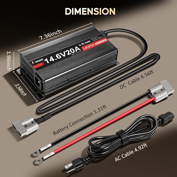 12V 20A Lithium Battery Charger 14.6V LiFePO4 Battery Charger with Anderson Connector for Deep Cycle Batteries of RV, Boat, Off-Grid and Solar Systems