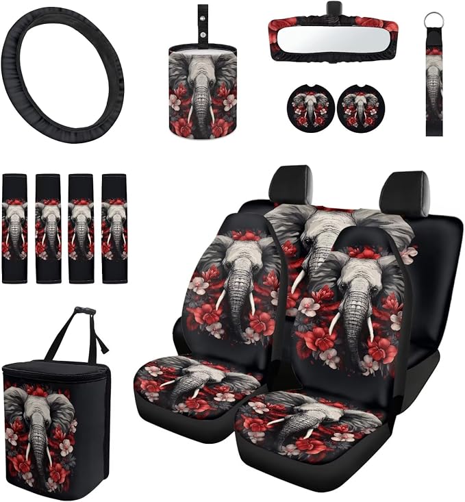 15 Pcs Rose Elephant Car Seat Covers Full Set for Women Goth Car Accessories Interior Car Steering Wheel Cover Seatbelt Covers Trash Bin Rear View Mirror Cover Cup Holders Keychain