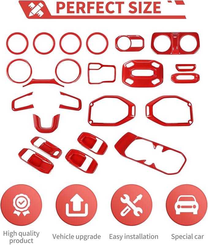 23pcs Full Set Interior Trim Kit for Jeep Wrangler JL JLU Gladiator JT 2018-2023 Steering Wheel Door Handle Air Conditioning Vent Cup Holder Reading Light Headlight Gear Cover, Red