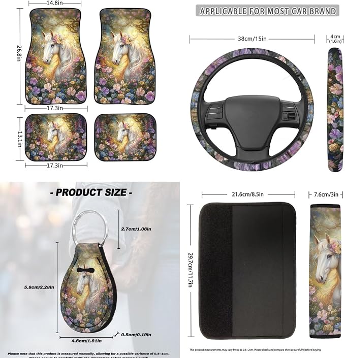 White Horse Print Car Seat Covers Full Set Auto Floor Mats Car Steering Wheel Cover Shoulder Pads Armrest Pad Roof Gloves Cup Coaster Keychain Auto Interior Accessories Set of 18
