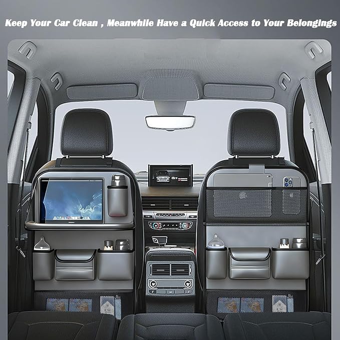 Waterproof PU Leather Car Seat Back Organizer with Foldable Tray Table, Backseat Organizer with Tablet Holder, Cup Holder, Tissue Holder and Kick Mat for SUV Sedan Minivan, Gray