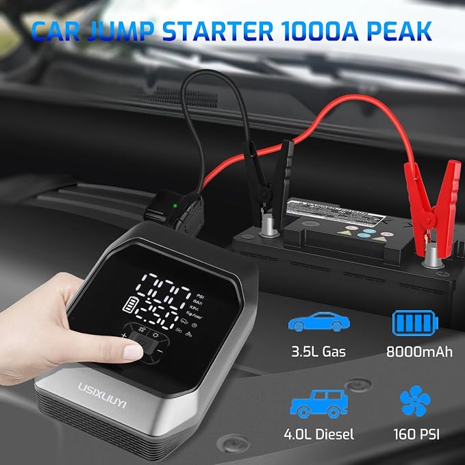 Car Jump Starter with Air Compressor 1000A Peak Auto Battery Booster Pack | 12V Jump Box Portable Smart Battery Charger Tire Inflator 160PSI for Car (3.5L Gas / 4.0L Diesel)