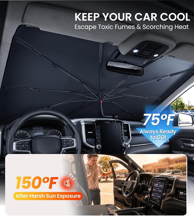 Zanch 2026 Upgraded Car Windshield Sun Shade [Cool Down by 75℉ ] with Heat Insulation Coating, Foldable Sunshade Umbrella Flexible Handle & Ribs, Medium (57''x32'') for Car, SUV, Truck, Van