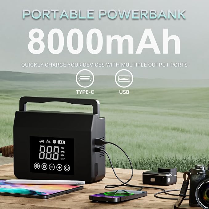 Hieha Car Emergency Jump Starter with Air Compressor, 4000A Portable Battery Booster for Dead Batteries, 150PSI Tire Inflator for Cars, Trucks & SUVs, USB-C Fast Charging Power Bank