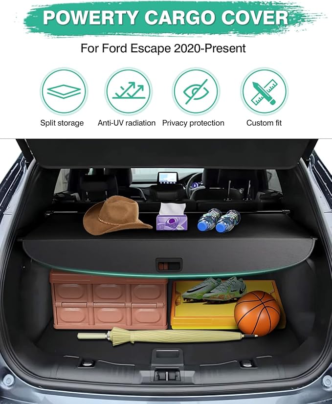 Powerty Cargo Cover for 2020-2024 2025 Ford Escape Accessories Trunk Cover Retractable Trunk Shielding Shade Cargo Luggage Cover Black
