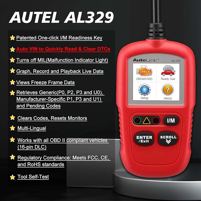 Autel OBD2 Scanner AL329, Upgraded AutoLink AL319, Auto VIN, Check-Engine-Light Code Reader, MIL Reset, One-Click I/M Readiness, CAN Car Diagnostic Scan Tool, for All OBD II Vehicles After 1996