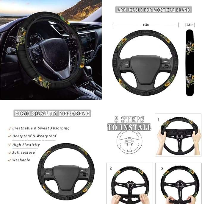 Suobstales Sunflower Car Accessories Elephant Seat Covers for Cars for Women Full Set with Steering Wheel Cover + Seat Belt Covers Shoulder Pads + Coasters + Keychains Interior Cover Set of 11