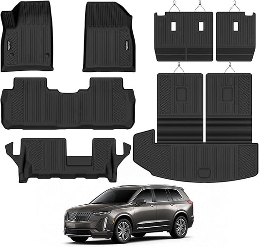 Tongama-Floor Mats for 2020-2026 Cadillac XT6 7 Seats with Bench Seats, All Weather TPE Floor Liners & 2nd Backrest Mats & Trunk Mat with Backrest Mat for Cadillac XT6 Waterproof Interior Accessories