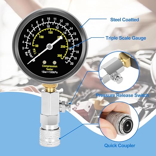 BETOOLL 14pcs Compression Tester with Spark Plug Tester & Brake Fluid Liquid Tester Pen - 300PSI Engine Cylinder Compression Gauge Automotive Tool