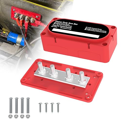 Heavy Duty Bus Bar 300A 12V Power Distribution Block with 5/16" (M8) 4-Posts Terminals Block with Cover for Automotive, Marine, Battery System(Red)