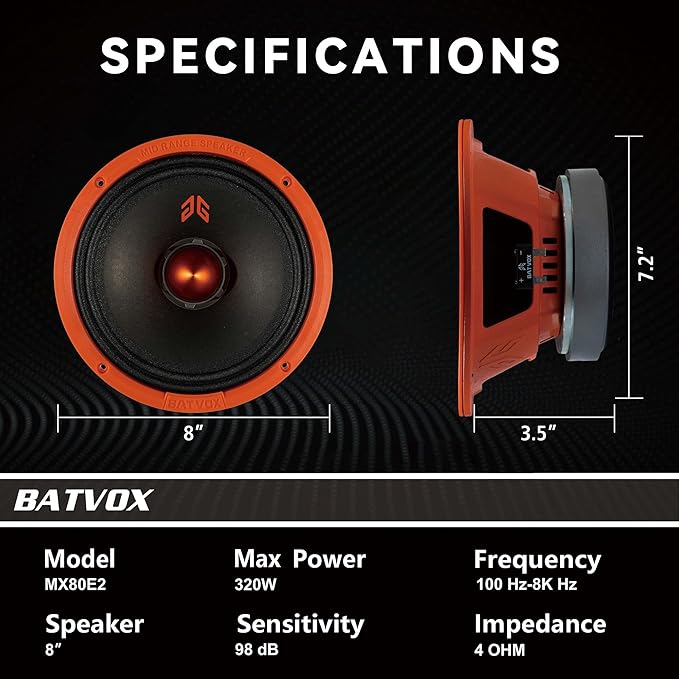 MX80E2 Midrange Loudspeaker 8" Orange Bullet, 640W Max, 4 Ohms, Premium Quality Audio Door Speakers for Car or Truck Stereo Sound System, Orange (2 Speaker)