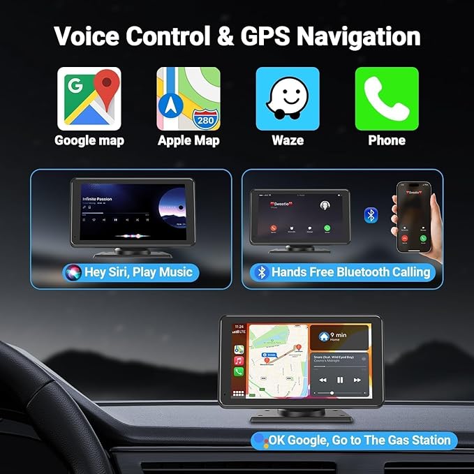 Carplay Screen for Car, 7" HD Wireless Apple Carplay & Android Auto, Portable Touchscreen Car Stereo with Backup Camera, Bluetooth, Mirror Link, Voice Control, GPS, FM, AUX, Car Play for All Vehicles