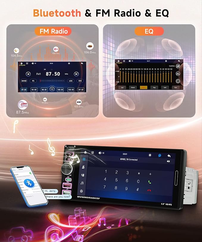 Car Stereo Single Din Wired Carplay Android Auto Car Radio with Bluetooth 5.2, Rimoody 6.9 inch Touch Screen Mirror Link FM/EQ USB-2/Type-C/SWC/MIC Car Audio Receiver with Backup Camera