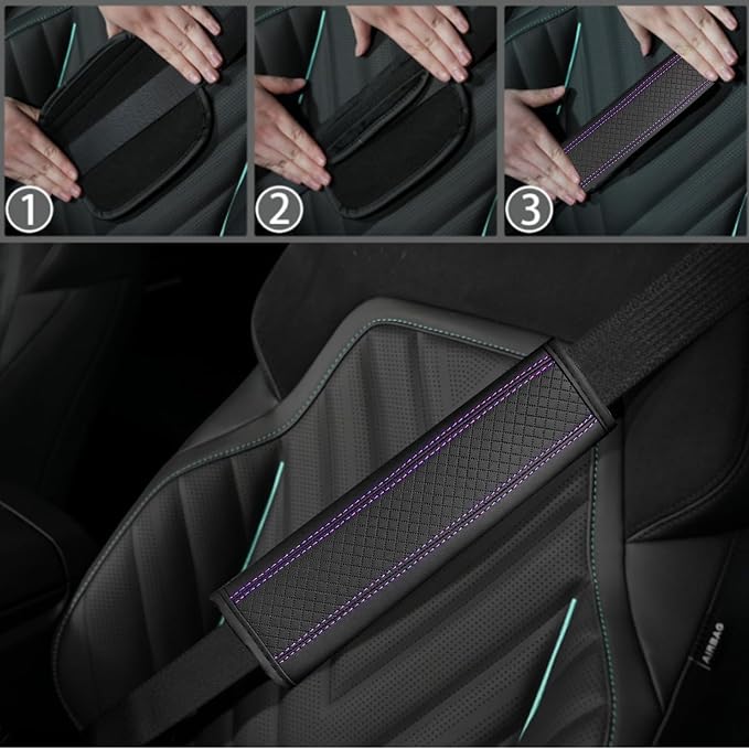NBTEPEM 6 PCS Car Steering Wheel Cover Set, Microfiber Leather Steering Wheel Covers Universal 14.5-15 inch, Center Console Cover, Seat Belt Cushion, Cup Holder Coaster, Car Accessories Set Purple